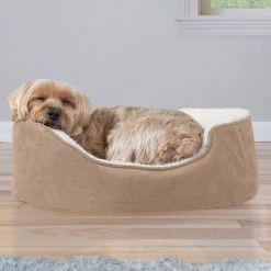 FurHaven Faux Sheepskin & Suede Orthopedic Bolster Dog Bed w/Removable Cover