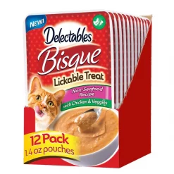 Hartz Delectables Bisque Non-Seafood Recipe Chicken & Veggies Lickable Wet Cat Treats, 1.4-oz, case of 12