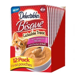 Hartz Delectables Bisque Non-Seafood Recipe Chicken & Beef Lickable Wet Cat Treats, 1.4-oz, case of 12