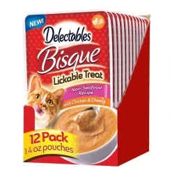 Hartz Delectables Bisque Non-Seafood Recipe Chicken & Cheese Lickable Wet Cat Treats, 1.4-oz, case of 12