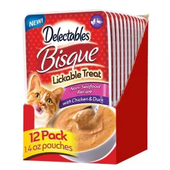 Hartz Delectables Bisque Non-Seafood Recipe Chicken & Duck Lickable Wet Cat Treats, 1.4-oz, case of 12