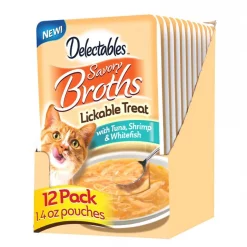 Hartz Delectables Savory Broths Tuna, Shrimp & Whitefish Lickable Cat Treats, 1.4-oz pouch, pack of 12
