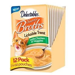 Hartz Delectables Savory Broths Chicken & Veggies Grain-Free Lickable Cat Treats, 1.4-oz pouch, pack of 12