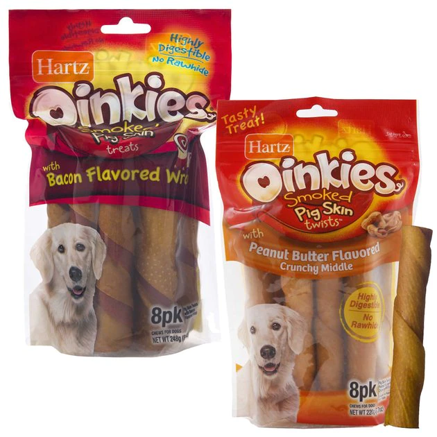 Hartz Oinkies Smoked Pig Skin Twists Bacon Flavor Wrap Treats + 5" Pig Skin Twists with Peanut Butter Flavor Crunchy Middle Dog Treats 3 Hartz Oinkies Smoked Pig Skin Twists Bacon Flavor Wrap Treats + 5" Pig Skin Twists with Peanut Butter Flavor Crunchy Middle Dog Treats