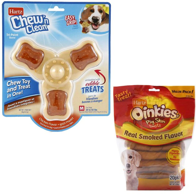 Hartz Chew ‘n Clean Chew Chicken Flavored Tri-Point Treat & Chew Toy + Oinkies 5" Pig Skin Twists Real Smoked Flavor Dog Treats 3 Hartz Chew ‘n Clean Chew Chicken Flavored Tri-Point Treat & Chew Toy + Oinkies 5" Pig Skin Twists Real Smoked Flavor Dog Treats