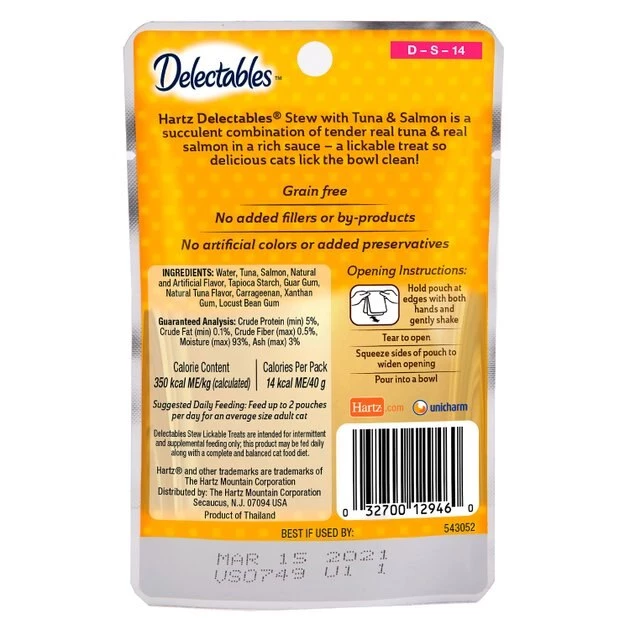 Hartz Delectables Stew Tuna & Salmon Pack Lickable Cat Treats, 1.4-oz pouch, 12 count 4 Hartz Delectables Stew Tuna & Salmon Pack Lickable Cat Treats, 1.4-oz pouch, 12 count - Image 2