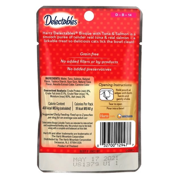 Hartz Delectables Bisque Tuna & Salmon Pack Lickable Cat Treats, 1.4-oz pouch, 12 count 4 Hartz Delectables Bisque Tuna & Salmon Pack Lickable Cat Treats, 1.4-oz pouch, 12 count - Image 2